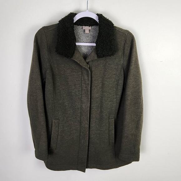 J. Jill Deep Olive Green Faux Fur Collar Shacket Size Small - Picture 1 of 15